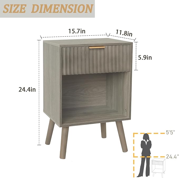 Mid Century Modern Nightstand, Wood Bedside Table with Drawer and Opening Storage, End Table Living Room Fluted Night Stand with Solid Wood Legs for Bedroom (Grey)