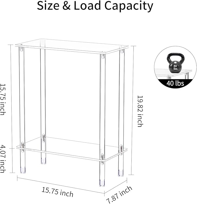 Clear Acrylic Narrow Side Table for Small Spaces, 15.75" L x 7.87" W x 19.82" H, 2 Tier Rectangle Slim End Table Nightstand, Small Skinny Bedside Table for Bedroom, Bathroom, Living Room