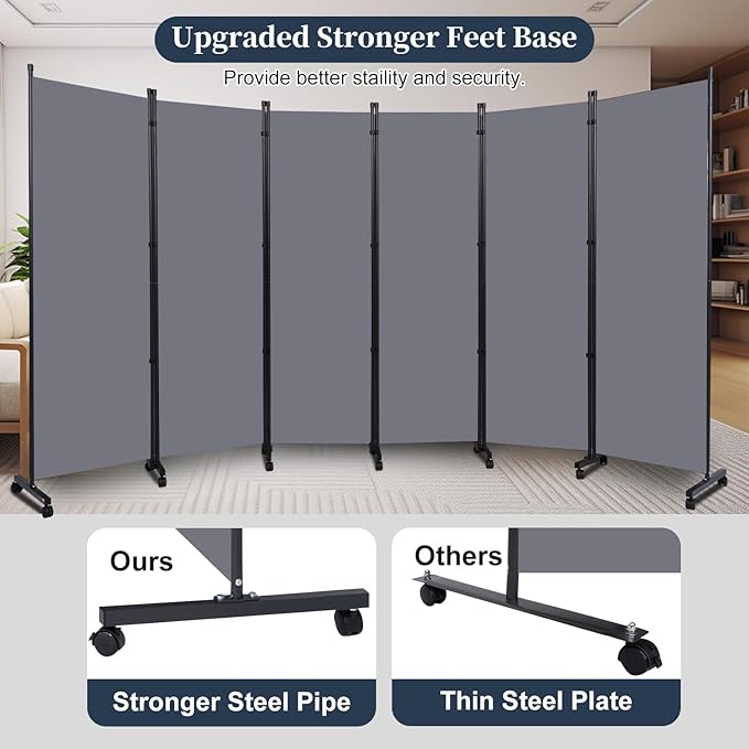 Room Divider Folding Privacy Screens with Lockable Wheels, 132'' Fabric Partition Room Dividers Freestanding Room Divider Panel for Room Separation, Wall Divider for Home Office Bedroom Studio Decor