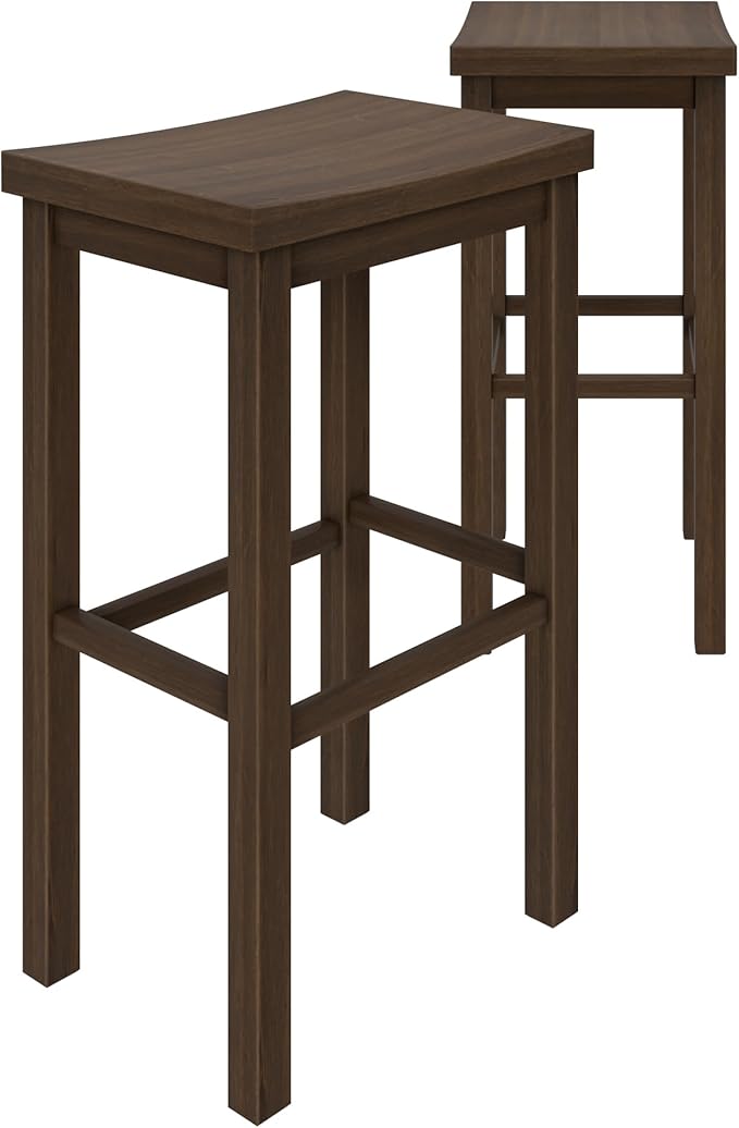 Grain & Grove Smith Collection Set of 2 Solid Wood Bar Stools, 30 inch Saddle-Seat Bar Chairs, Backless, Heavy-Duty Construction, Footrest Support, for Kitchen Islands, Home Bars, and Counters, Walnut