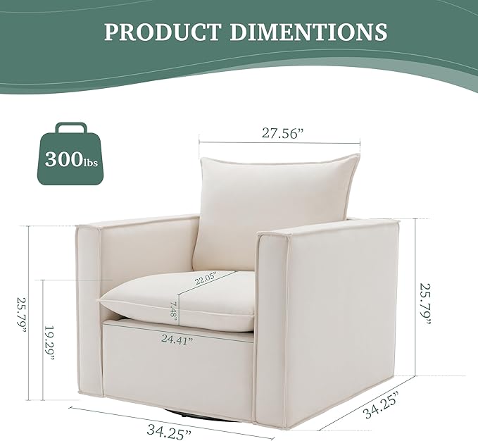 Swivel Accent Chair Set of 2,34'' Wide Upholstered Arm Chair with Plump Back Pillow, Modern Sofa Living Room Chair for Bedroom, Corner, Reading Nook-Classic Beige