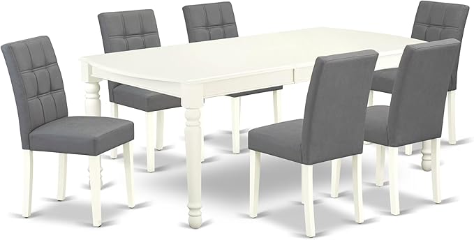 East West Furniture DOAS7-LWH-41 7 Piece Modern Dining Table Set Includes A Wood Table and 6 Platinum Gray Polyester Fabric Padded Chairs with Stylish Back- Linen White Finish