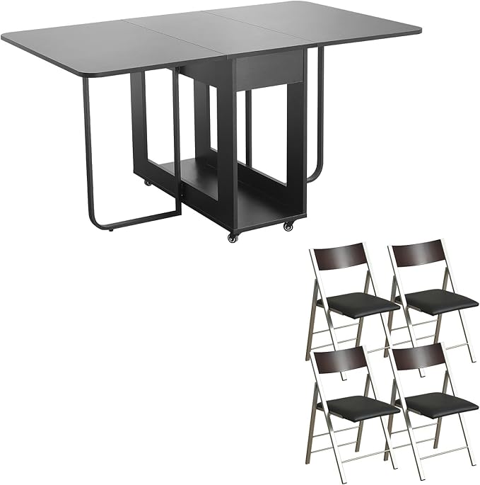 Folding table and chair set, dining table with extra large storage space and 4 universal wheels, matched with padded steel frame folding chairs, space-saving dining table and 4 chairs (Black)
