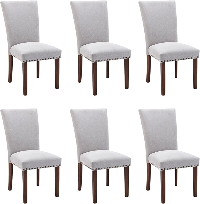 COLAMY Parsons Dining Chairs Set of 6, Upholstered Fabric Dining Room Kitchen Chair with Nailhead Trim and Wood Legs - Light Grey