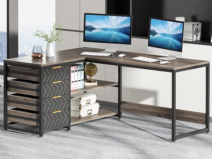 Tribesigns L Shaped Computer Desk with Storage Drawers, 59 inch Corner Desk with Shelves, Reversible L-Shaped Office Desk Writing Table Workstation for Home Office, Grey