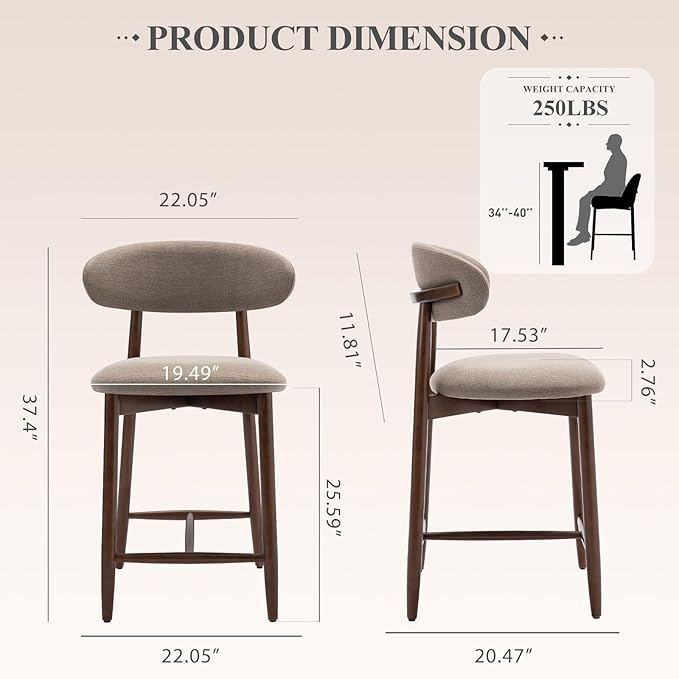 COLAMY Counter Height Bar Stools Set of 2, Kitchen Bar Stools with Back, Mid Century Modern Upholstered, with Wood Legs for Kitchen Island Dining Room, Camel
