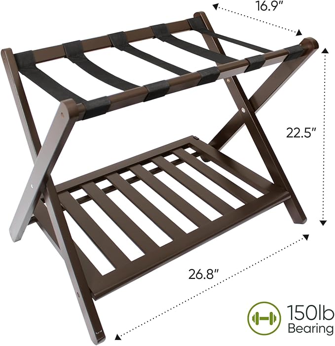 Fully Assembled Bamboo Luggage Rack, Folding Suitcase Stand with 5 Nylon Straps, Luggage Holders with Shelf, Ideal for Guest Room, Bedroom, Hotel, Espresso