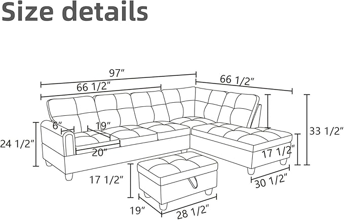 L Shaped Sectional Couches for Living Room, Modern Modular Sectional Sofa with Ottoman Storage, Comfy L Shaped Couch with Chaise for Bedroom Apartment Furniture, Gray