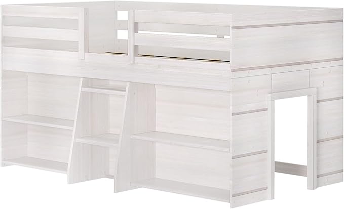 Max & Lily Modern Farmhouse Low Loft Bed, Twin Bed Frame for Kids with 2 Bookcases, White Wash