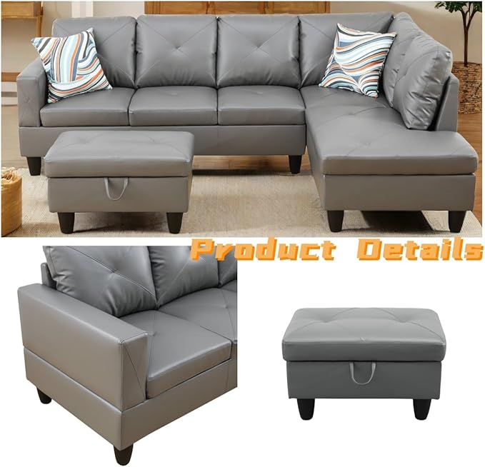 L Shaped Sectional Couch with Otttoman, 97" Leather Sectional Sofa for Living Room Modular Couches with Cup Holders for Bedroom, Apartments, Dark Grey