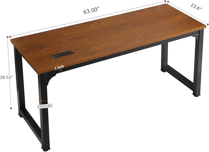 Large Computer Desk - 63 Inch Home Office Desks Study Student Writing Table Gaming Desk Wood Modern Simple Table with USB Ports, L.Brown