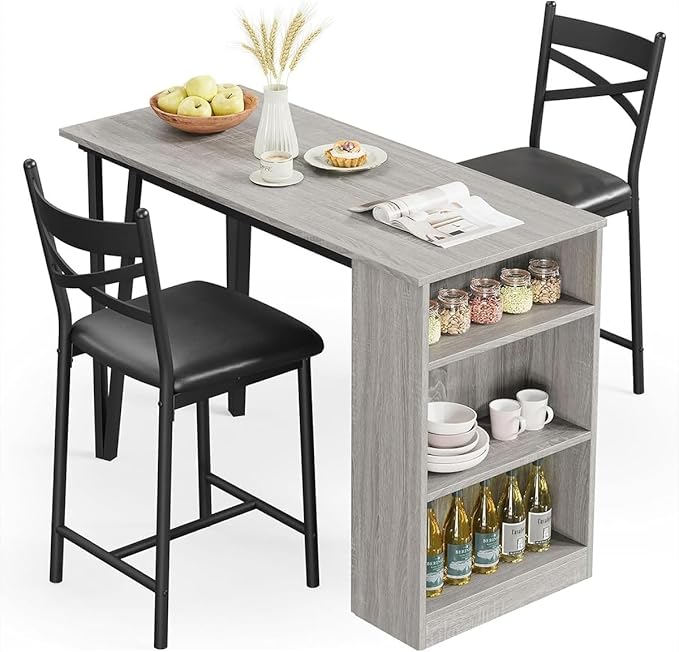 Garvee Bar Table and Chairs Set, 3 Piece Bar Table Set with with Flip Top Extension and Storage Shelves, Dining Table Set for 2, Suitable for Small Space Kitchen Apartment, Grey