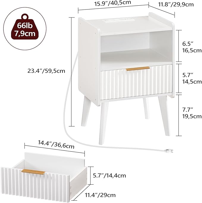 Fluted Nightstand, End Table, Small Modern Bedside Table with Charging Station, Side Table with Drawer, for Small Spaces, Bedroom, Living Room, White ETWT61E01N1