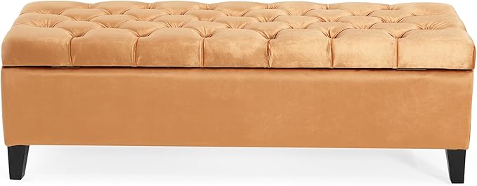 Christopher Knight Home Gloust Velvet Storage Ottoman, Upholstered Rectangular Storage Bench, Living Room Seating, Tufted BottonFoot Rest Stool for Home Office, Entryway and Bedroom, Orange