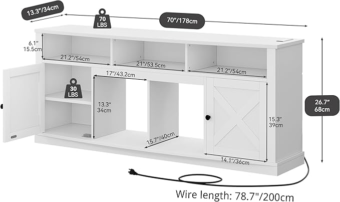 YITAHOME TV Stand for 75/80 Inch TV, White Entertainment Center 70 Inches Wide, Media Furniture TV Table with with Power Outlet, TV Consoles for Living Room, Curved Desktop