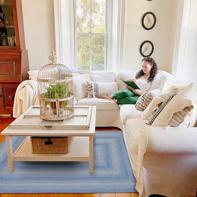 Homespice Sky Blue Jute Braided Rope Rug, 5x8' Rectangle - Country Style Coastal Decor, Perfect for Bedrooms and Living Rooms - Easy to Clean and Pet Friendly