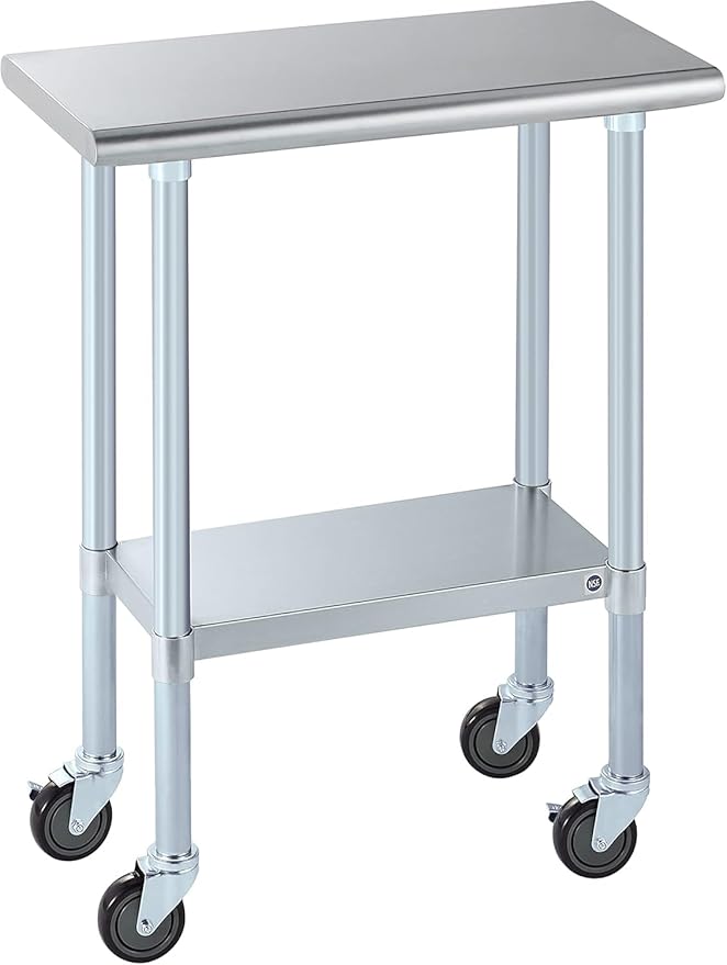 ROCKPOINT Stainless Steel Table for Prep & Work with Caster Wheels 14x30 Inches, NSF Metal Commercial Kitchen Heavy Duty Table with Adjustable Under Shelf and Table Foot for Restaurant, Home and Hotel