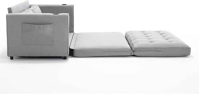 ERYE Modern Upholstered Loveseat Sofa Foldable Convertible Floor Sofabed W/Cupholders and Pockets, 3 Fold Tufted Futon Lounge Sofa with Pull Out Sleeper Couch Bed for Living Room Bedroom Studio