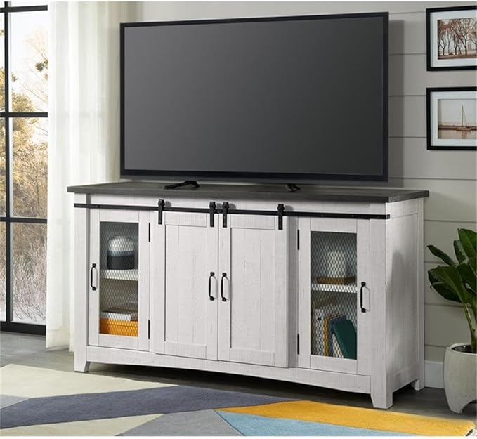 Martin Svensson Home Rustic 65” Solid Wood TV Stand with Storage, White Stain with Grey Stain Top