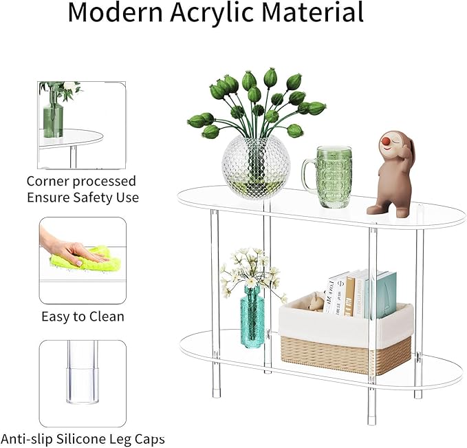 Clear Acrylic Console Table, 31.5" L x 11.8" W x 20" H, 2 Tier Oval Small Transparent Storage shelf Side End Sofa Entry Entryway Table for Sofa, Foyer, Hallway, Living Room