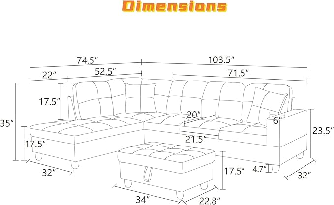 L Shaped Sectional Couch with Otttoman, 97" Leather Sectional Sofa for Living Room Modular Couches with Cup Holders for Bedroom, Apartments, Light Grey
