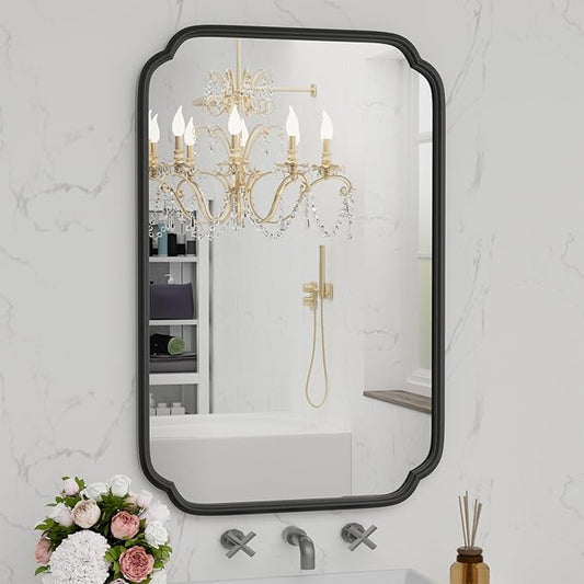 Black Bathroom Vanity Mirrors for Over Sink 24" x 36" Modern Rounded Corner Rectangle Mirror with Non-Rusting Iron Metal Framed Wall Mounted Decorative Mirror (Horizontal/Vertical)