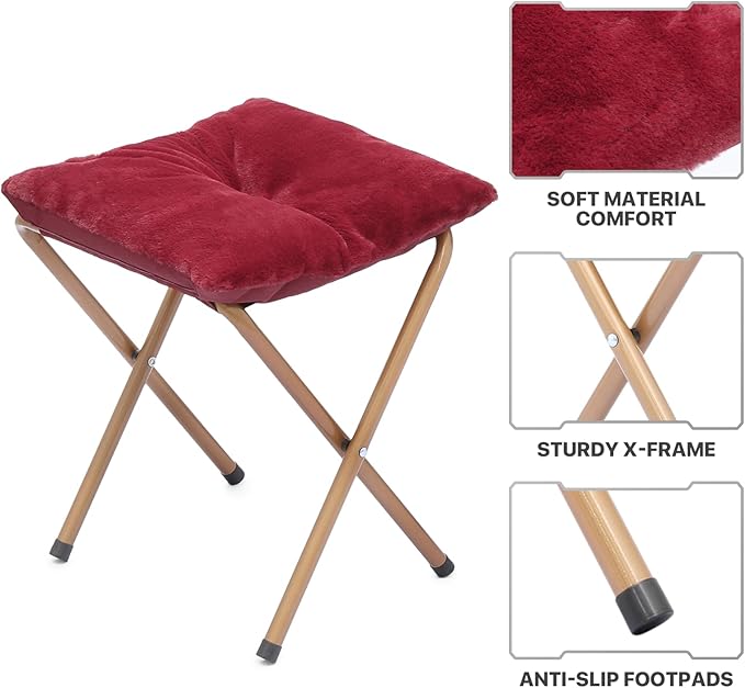 MoNiBloom Round Folding Faux Fur Saucer Chair for Bedroom Living Room Dorm Foldable Metal Frame Oversized Large Comfy Furry Padded Soft Cozy Moon Chair with Footrest Ottoman for Adults (Burgundy)