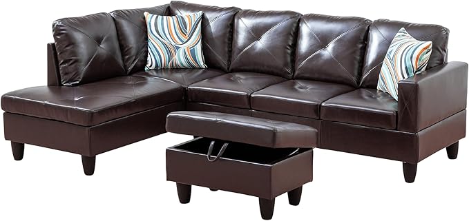 L Shaped Couch Faux Leather Sectional Couch Upholstered 3 Pieces Sofas for Living Room with Chaise, Storage Ottoman for Office and Small Apartment, Brown