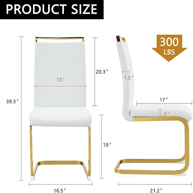 Modern Dining Chairs Set of 6,High Back White Kitchen Chairs,Faux Leather Side Chair with Gold Plated Metal Legs,Easy to Clean Upholstered Dining Chairs,Ideal for Living Room(Gold Leg)
