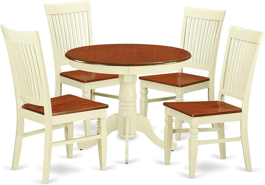 East West Furniture ANWE5-BMK-W 5 Piece Dining Room Table Set Includes a Round Wooden Table with Pedestal and 4 Kitchen Dining Chairs, 36x36 Inch, Buttermilk & Cherry