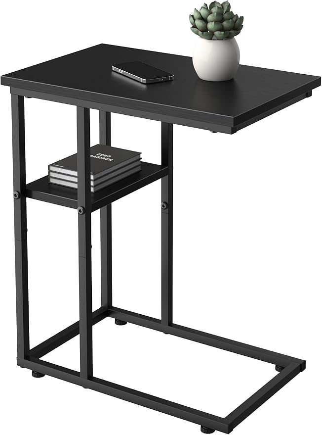 C Shaped End Table, Sturdy 2 Tier C Shaped Side Table for Couch Sofa Bedside Small Space, Couch Side Table for Living Room Bedroom, Easy to Assemble, Classic Black