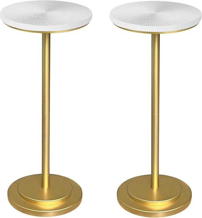 Drink Table Set of 2, Small Round Pedestal Side Table with Carved Top for Living Room, Bedroom, Small Space, Corners and Office, White and Gold