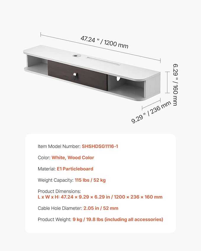 VEVOR Floating TV Stand, 47'' Wall Mounted TV Console Modern Floating Entertainment Center Under TV Shelf with Storage Cabinet, for Bedroom & Living Room, White