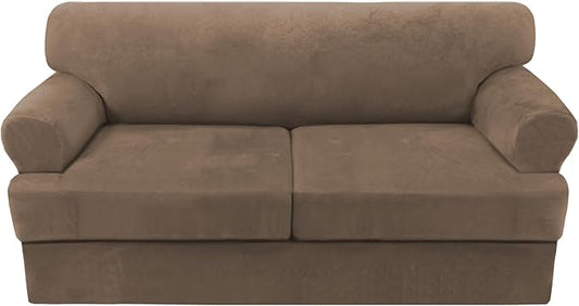 H.VERSAILTEX Sofa Cover 3 Piece T Cushion Sofa Slipcovers Thick Velvet Couch Cover Stretch T Cushion Sofa Covers for 2 Cushion Couch with 2 Individual T Cushion Covers, Mocha