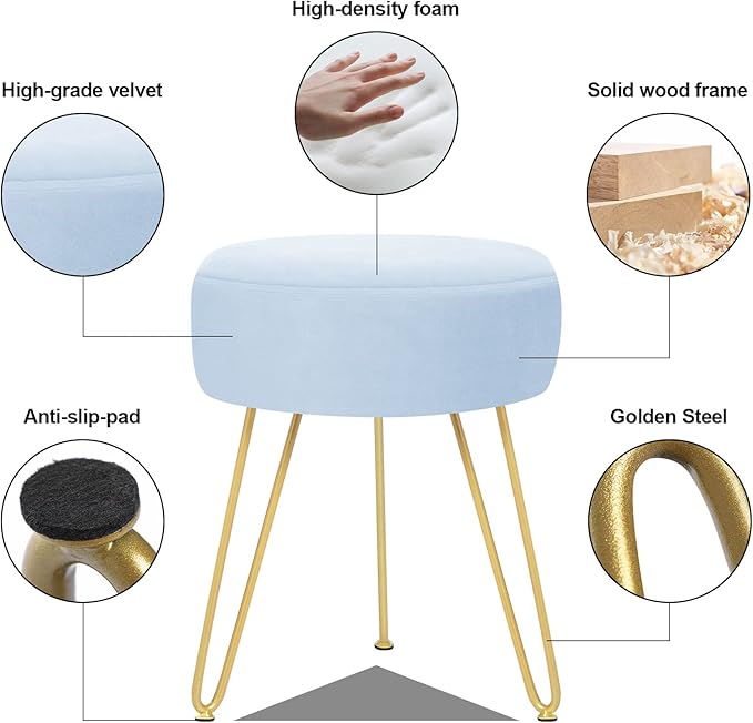 GERANT Multifunctional Vanity Stool - Velvet Footrest Stool-Upholstered Chair Stool -Ottoman Round Modern Dressing Chair - Side Coffee Table Seat with Golden Metal Leg for Living Room (Light Blue)