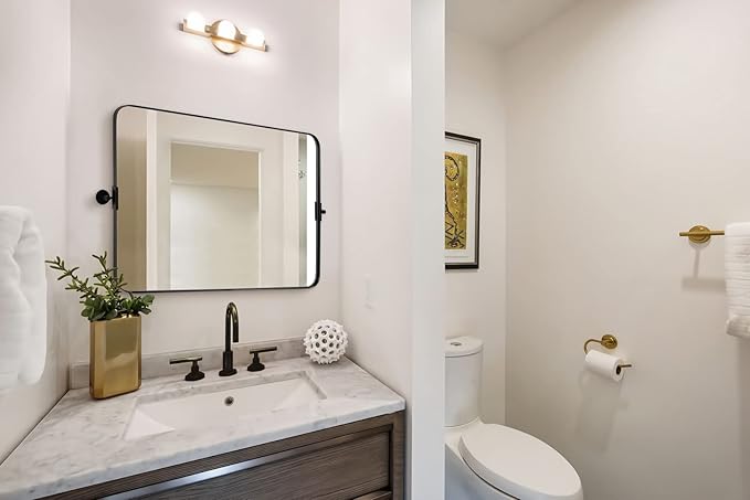 MOON MIRROR 30" x 22" Matte Black Rectangle Bathroom Mirror, Tilting Rounded Rectangular Metal Framed Pivot Wall Mirror, Hangs Horizontally Only(Overall 33.75" x 22")