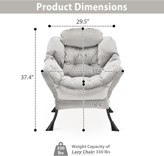 Lazy Chair Thick Padded, Comfy Velvet Accent Lounge Chair with Stable Frame, Leisure Sofa Armchair with Armrests and Side Pocket, Reading Chair for Bedroom, Living Room, Office, Light Gray