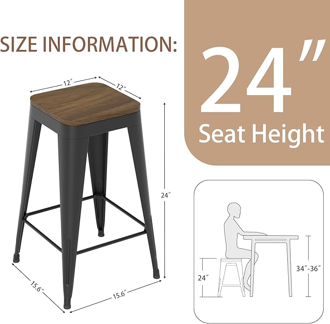 24 inch Backless Bar Stools Set of 4, Indoor Metal Bar Stools with Wood Seat, Industrial Counter Height Barstools for Kitchen Island, Black