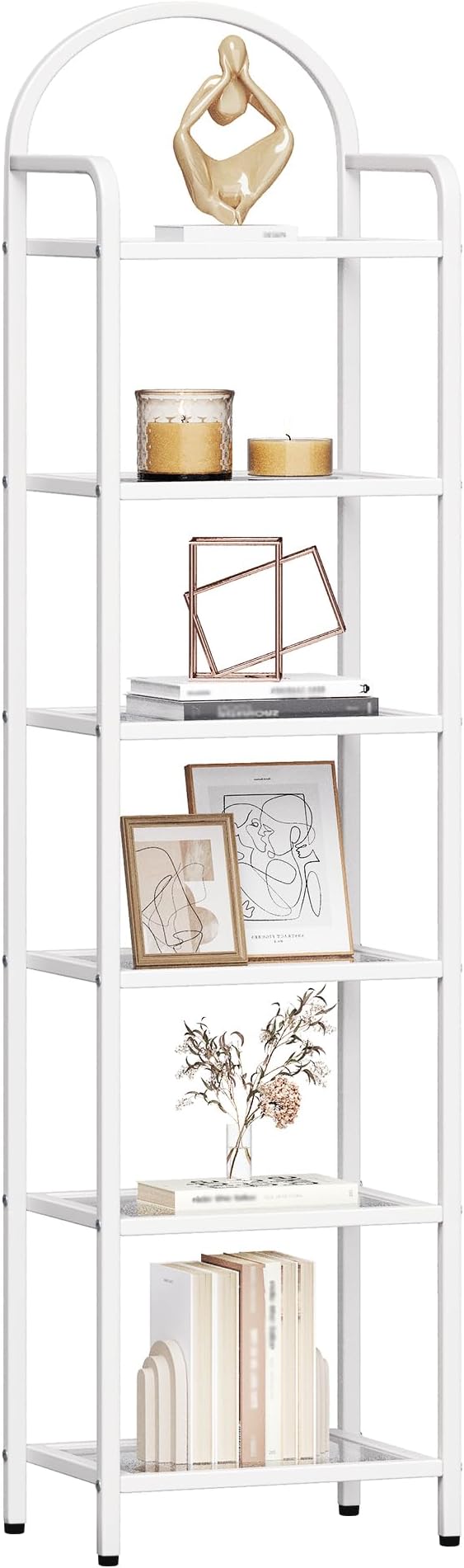 Bookcase Bookshelf, Tempered Glass Bookshelves, Slim Shelving Unit for Bedroom, Bathroom, Home Office, Steel Frame, 6 Tier White BC10699W