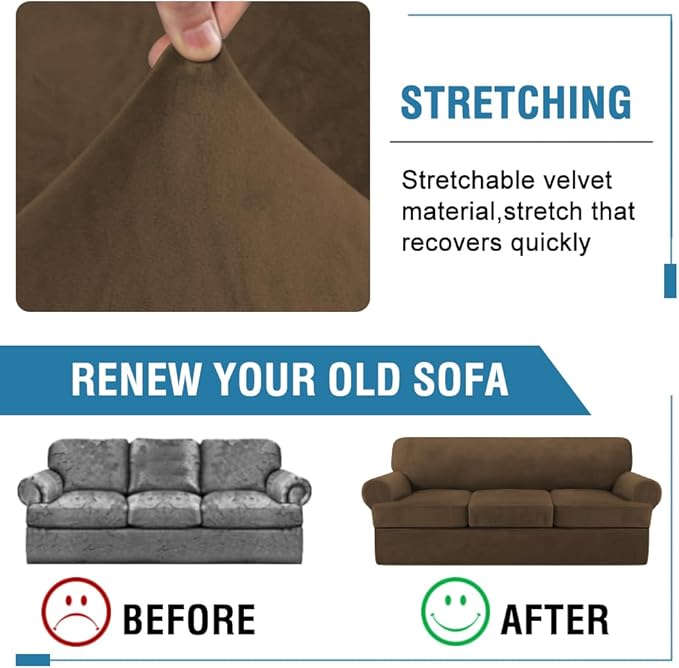 H.VERSAILTEX Sofa Cover 4 Piece T Cushion Sofa Slipcovers Thick Velvet Couch Cover Stretch T Cushion Sofa Covers for 3 Cushion Couch with 3 Individual T Cushion Covers, Bronze Brown