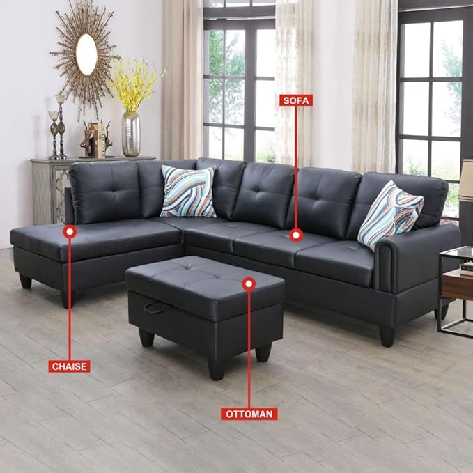 Black White L-Shaped 3-Piece Faux Leather Sofa with Storage Ottoman Set, Sectional Couch Sofa Set for Living Room, Office, Small Space