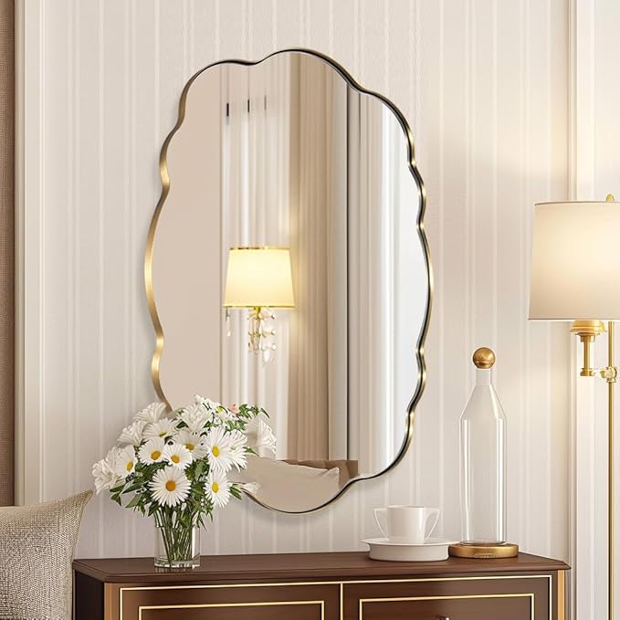 ANDY STAR Brushed Gold Scalloped Mirror - 24x32 Bathroom Mirror, Vintage Oval Wavy Wall Mirror, Brass Anti-Rust Stainless Steel Frame, Hang Vertical or Horizontal