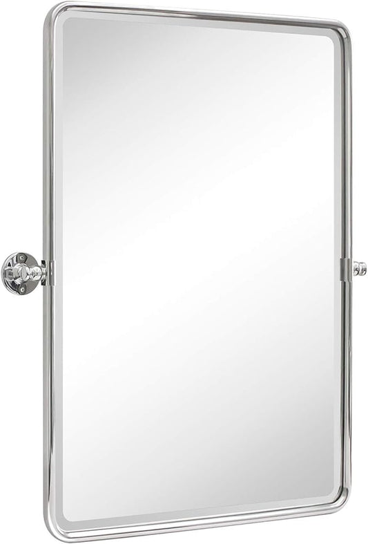 TEHOME 27 x 35'' Farmhouse Chrome Metal Framed Pivot Rectangle Bathroom Mirror Tilting Beveled Vanity Mirrors for Wall
