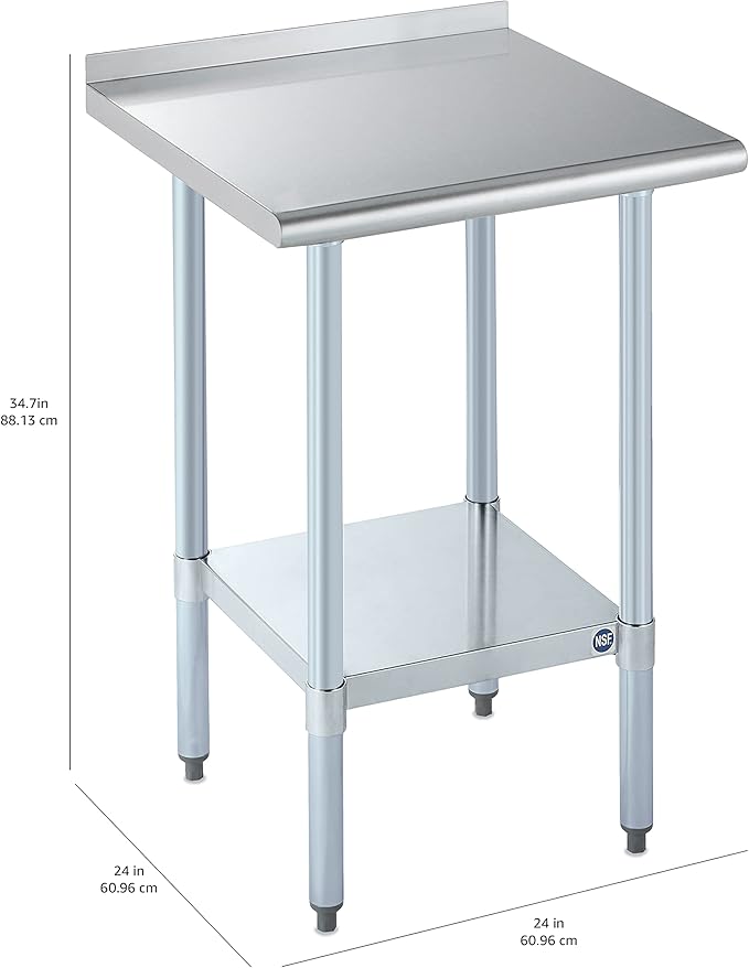 ROCKPOINT Stainless Steel Table for Prep & Work with Backsplash 24x24 Inches, NSF Metal Commercial Kitchen Heavy Duty Table with Adjustable Under Shelf and Table Foot for Restaurant, Home and Hotel