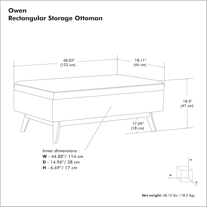SIMPLIHOME Owen 48 inch Wide Mid Century Modern Rectangle Rectangular Storage Ottoman in Distressed Grey Taupe Vegan Faux Leather, Assembled, for the Living Room, Entryway and Family Room