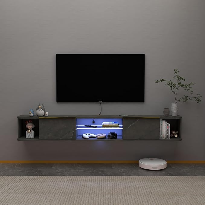 Pmnianhua LED Floating TV Stand with 2 Drawers for 80 inch TV,78'' Floating TV Shelf with LED Lights,Wall Mounted TV Console,Floating Shelf for Under TV (Dark Grey)