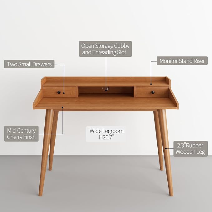 Mid Century Modern Desk, 41" Wood Home Office Writing Computer or Laptop Desk with Monitor Stand Riser and Open Storage Cubby, Vanity Desk with 2 Drawers