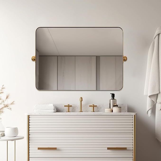 MOON MIRROR 30" x 22" Brushed Gold Rectangle Bathroom Mirror, Tilting Rounded Rectangular Metal Framed Pivot Wall Mirror, Hangs Horizontally Only(Overall 33.75" x 22")