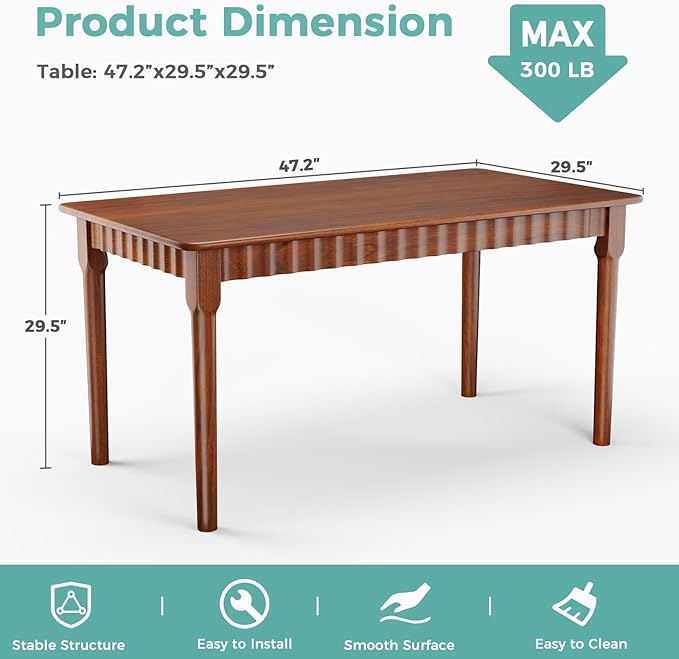 47.2 Inch Solid Wood Dining Table for 4, Mid Century Modern Oak Kitchen Table, Farmhouse Rectangular Dining Room Table for Indoor or Outdoor Use, Easy Assembly, Walnut