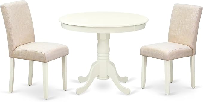 East West Furniture ANAB3-LWH-02 3 Piece Dinette Set for Small Spaces Contains a Round Kitchen Table with Pedestal and 2 Light Beige Linen Fabric Parson Chairs, 36x36 Inch, Linen White